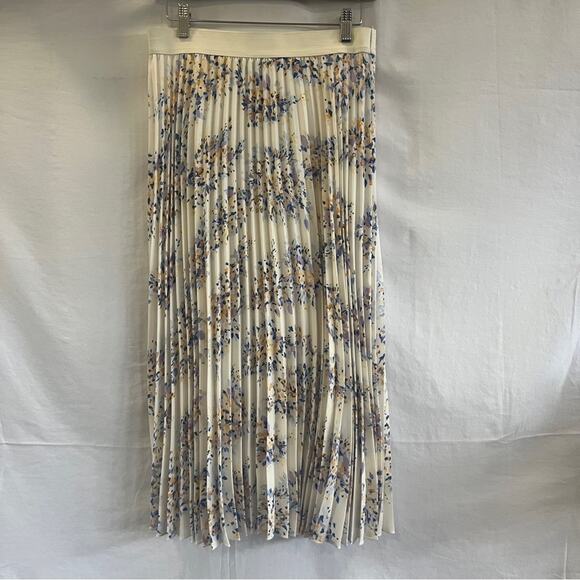 Vince Camuto Pleated Midi Skirt Womens Small Ivory Floral Elastic Waist Lined - Picture 1 of 9